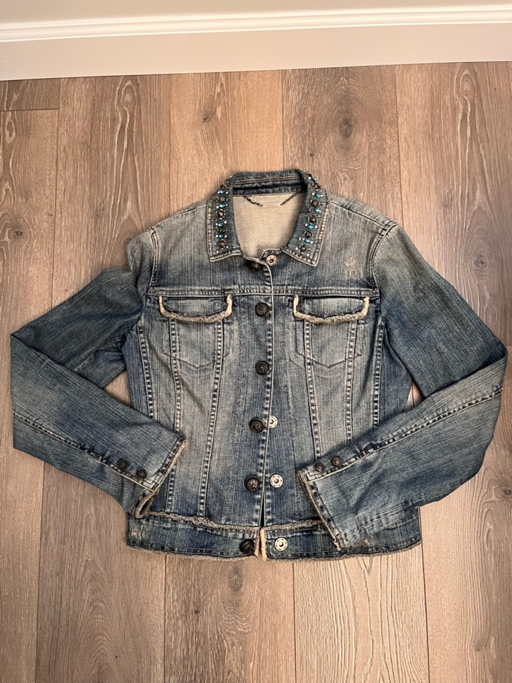 Elie Tahari Jean Jacket with Beaded Collar and Decorative Snap Closures